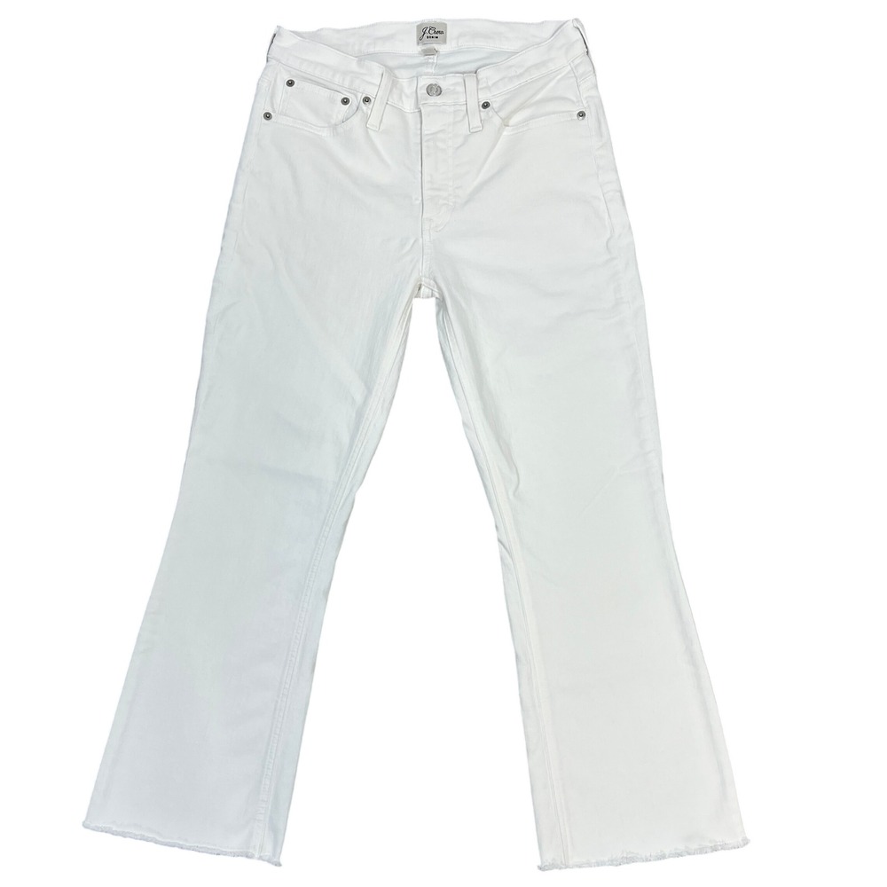 J.Crew Billie Demi Boot Crop Jeans 29 White Raw Hem Mid Rise Kick Flare Denim